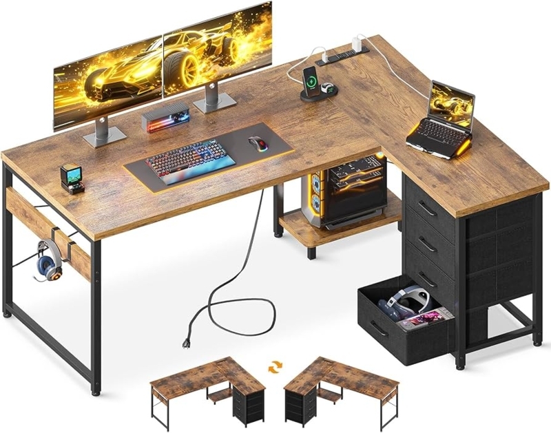 Brown L-Shaped Gaming Desk Wood Toned with Four Storage Drawers