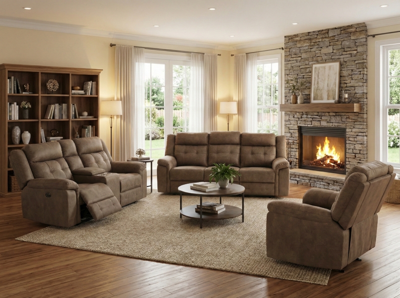 Brown Living Room Set Power Reclining Console Tufted Back Leather Like