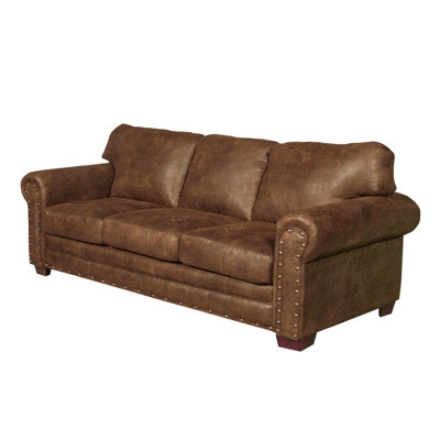Brown Nailhead Sofa with Distressed Leather Look and Rolled Arms