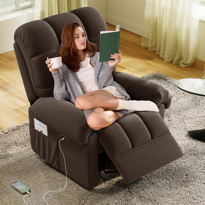 Brown Power Recliner Chair with USB Port and Side Pocket
