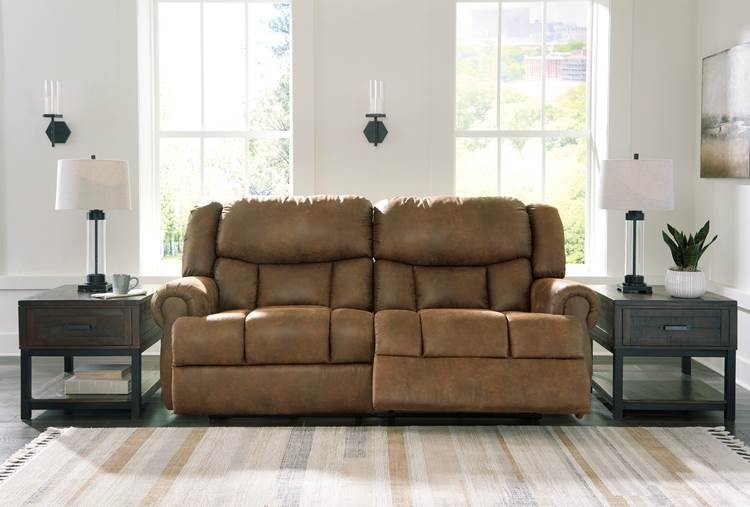 Brown Reclining Loveseat with Rolled Arms and Tufted Padding