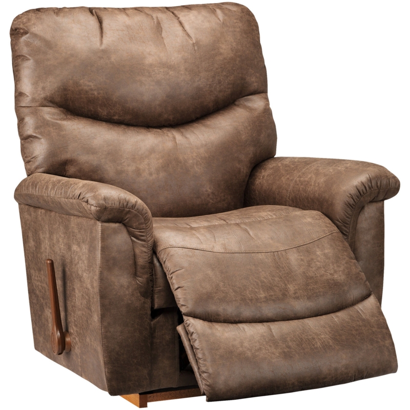 Brown Rocker Recliner with Mottled Sueded Texture and Wood Toned Lever