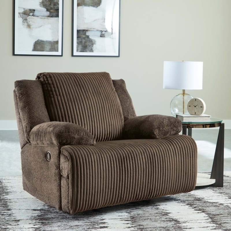 Brown Rocker Recliner with Wide-Ribbed Corduroy and Pillow Top Arms