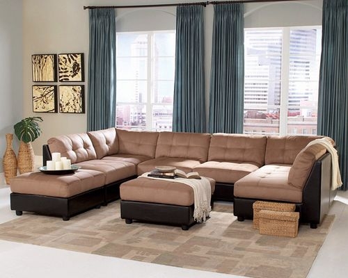 Brown U-Shaped Sectional Sofa: Two-Tone Microfiber with Tufted Seats
