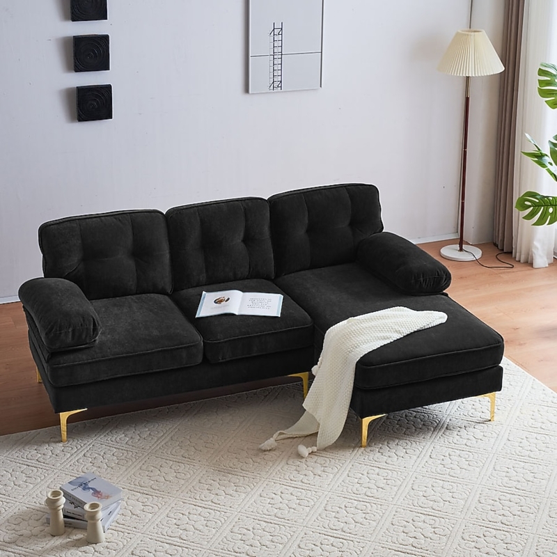 Brown Velvet Sectional Sofa Channel Tufted Metallic Tips Modern Seating