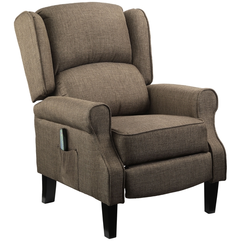 Brown Wingback Recliner with Woven Fabric Texture and Side Pocket