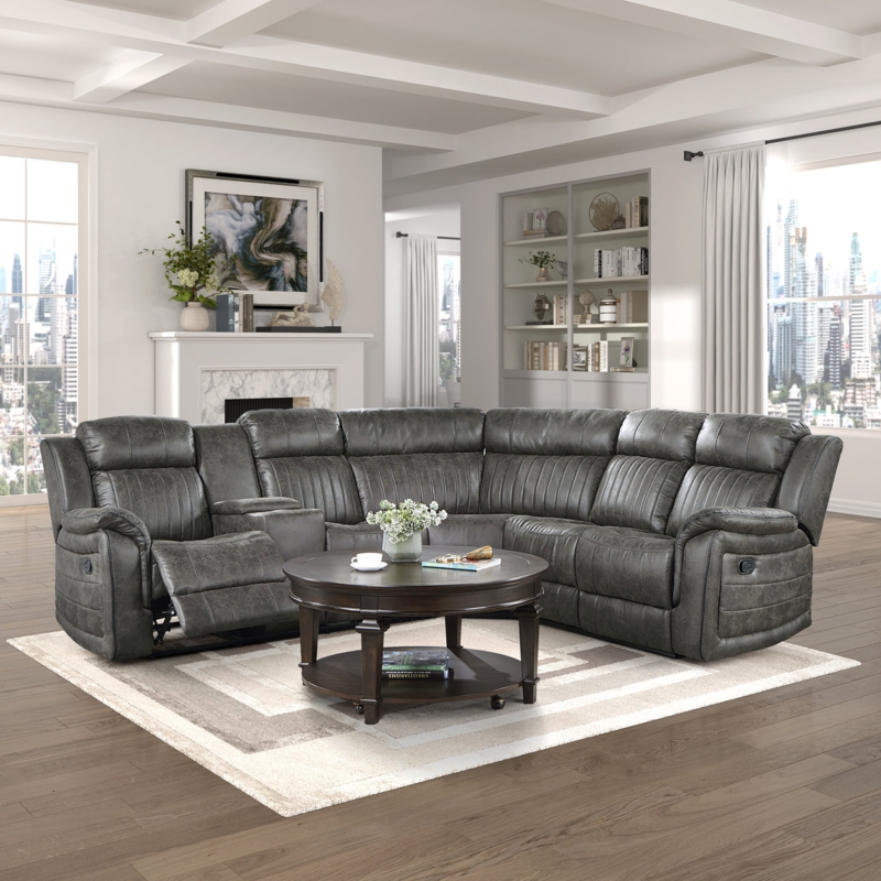 Brownish Grey Reclining Sectional Sofa with Ribbed Back and Console