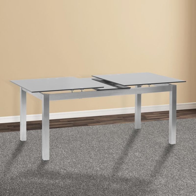 Brushed Metal Base Table with Gray Tempered Glass Extension Top