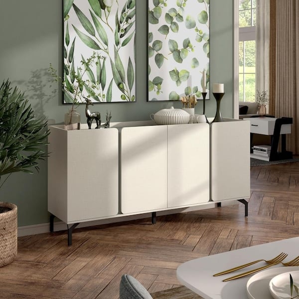 Buffet Cabinet Cream Woven Texture Gold Pulls Contemporary Textured