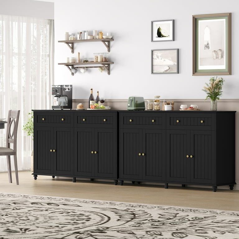Buffet Cabinet with Beadboard Panels and Gold Knobs for Coffee Bar