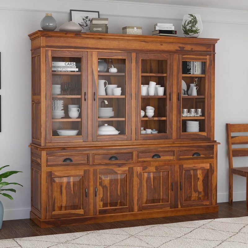 Buffet Hutch Multi Tonal Finish Rustic Glass Front Dining Storage