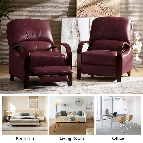 Burgundy Manual Recliner, Curved Wooden Arms, Leather-Like Upholstery