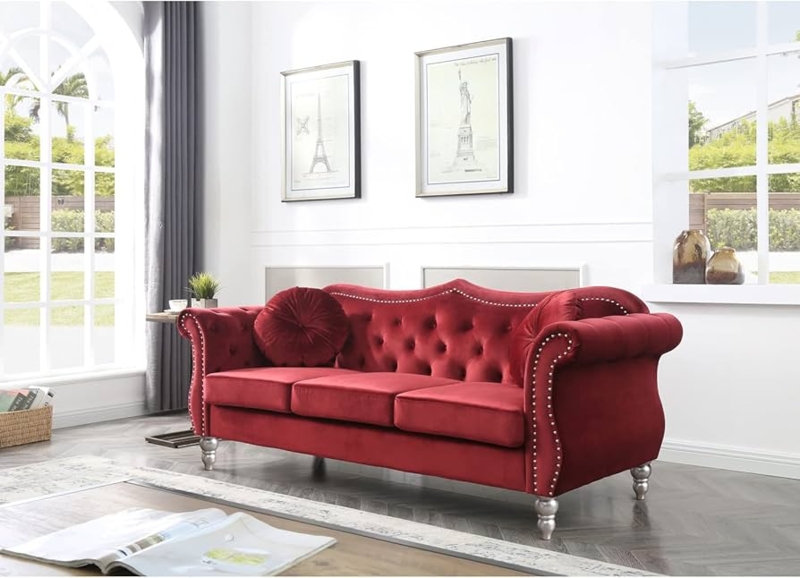 Burgundy Velvet Sofa with Silver Turned Legs and Nailhead Trim