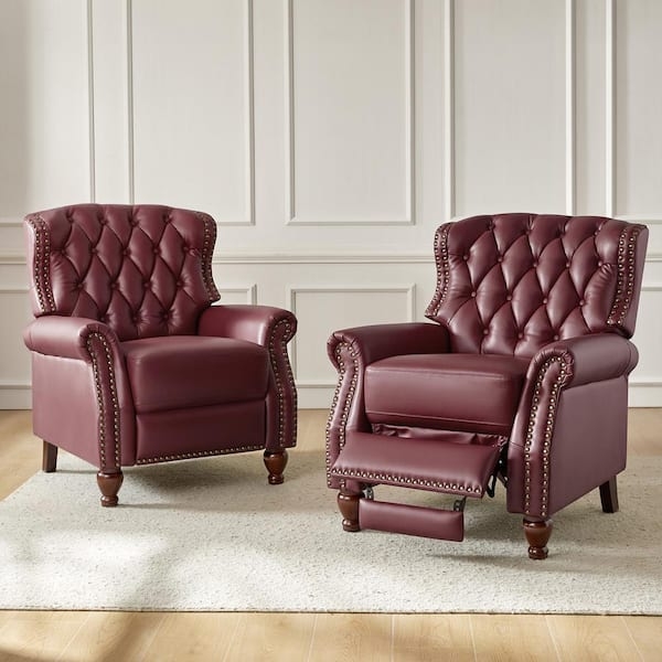 Burgundy Wingback Recliner with Diamond Tufting and Rolled Arms