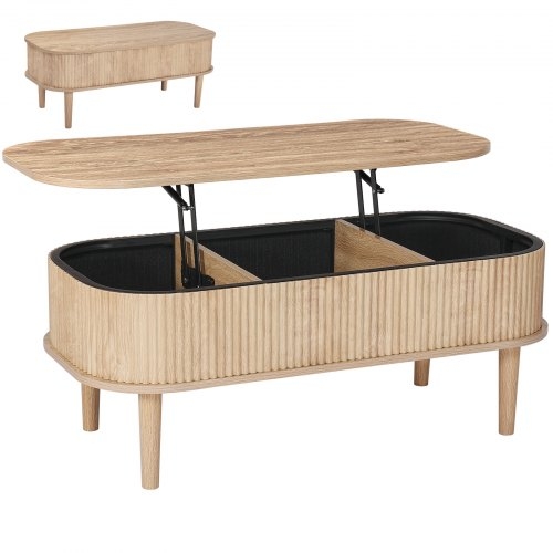 Burlywood Fluted Oval Coffee Table Lift Top Three Compartments