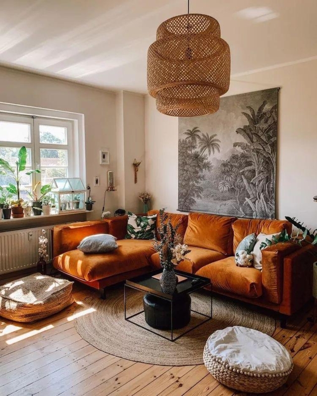 Burnt Orange Velvet L-Shaped Sectional in Bohemian Room