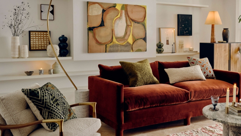 Burnt Orange Velvet Sofa in Contemporary Living Room