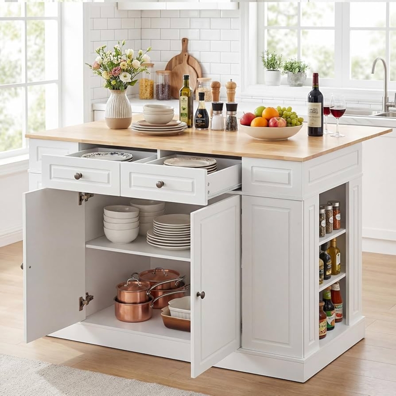 Butcher Block Kitchen Island Side Storage Shelves Copper Accents