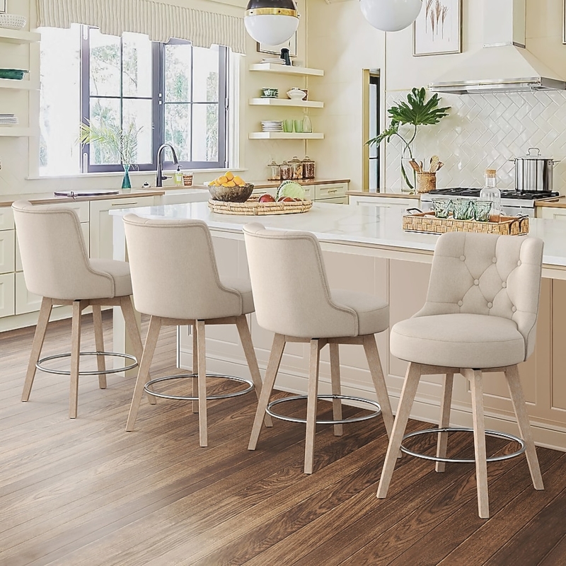 Button Tufted Bar Stools with Swivel Base and Light Wood Tapered Legs