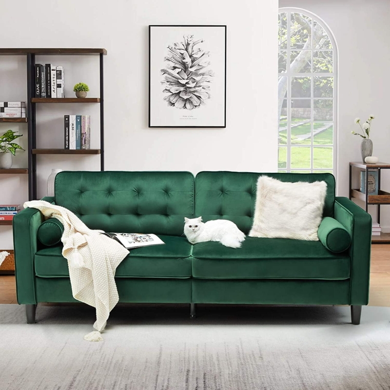 Button-Tufted Mid-Century Modern Sofa with Bolster Pillows