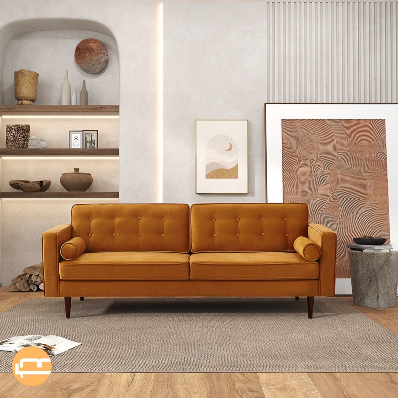 Button Tufted Sofa Burnt Orange Velvet Tapered Legs