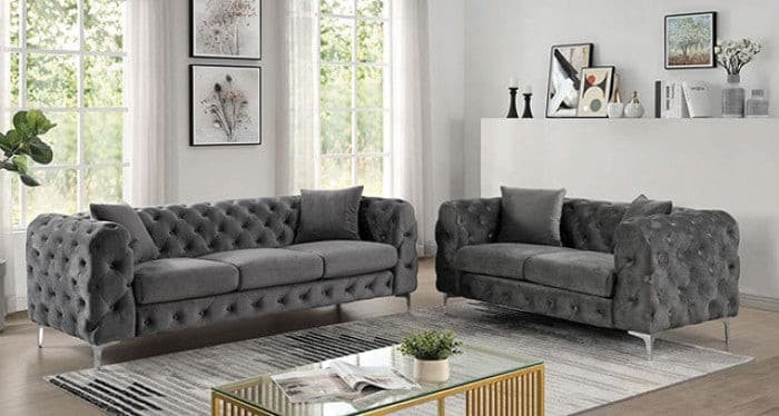 Button Tufted Sofa, Chrome Legs, Dark Gray Upholstery, Modern Sofa