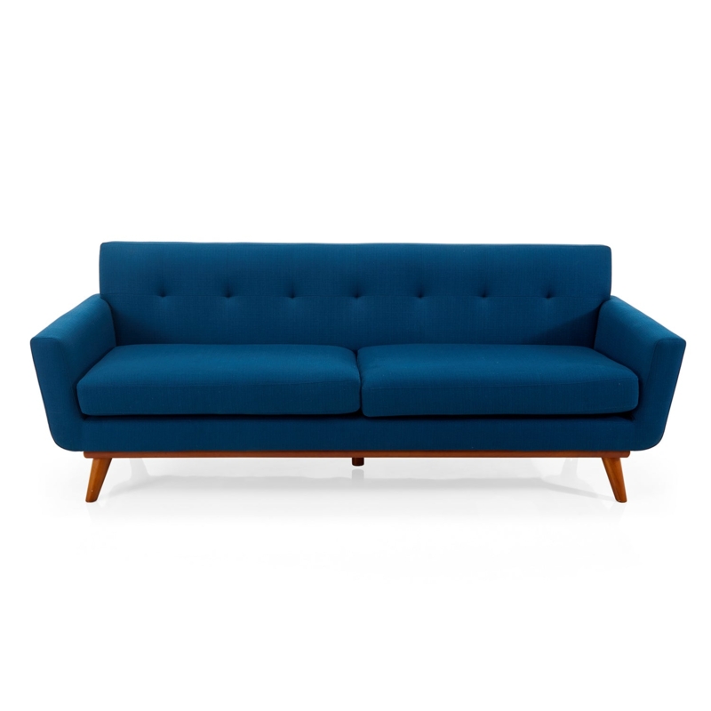 Button Tufted Sofa, Exposed Wood Base, Tapered Legs, Retro Style