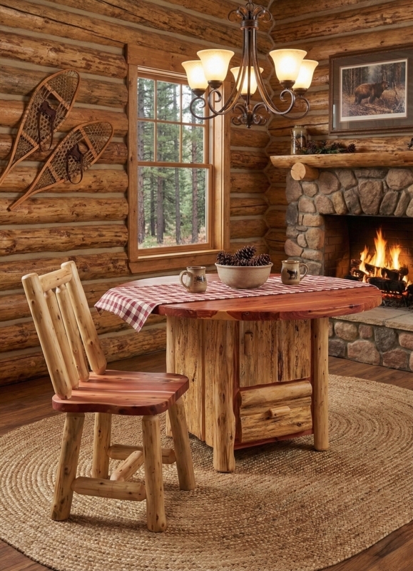 Cabin Style Log Dining Table Storage Pedestal Base Wood Toned