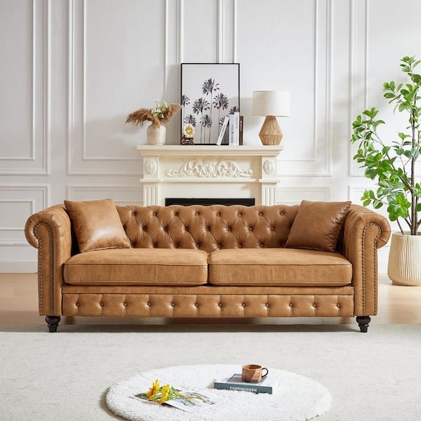 Camel Chesterfield Sofa with Rolled Arms and Nailhead Trim