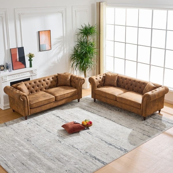 Camel Leather-Like Chesterfield Sofa with Rolled Arms