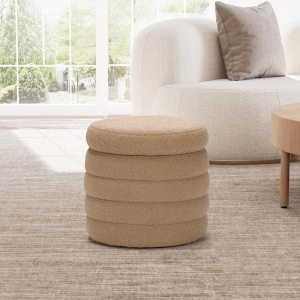 Camel Sherpa Storage Ottoman, Button Tufted Round Cozy Boucle Seating