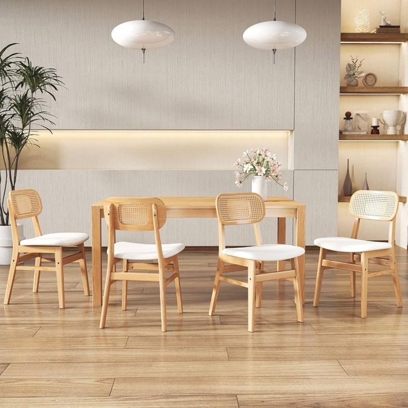 Cane Back Dining Chairs Light Oak Frame Japandi Style Upholstered Seat
