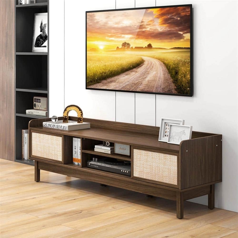 Cane Door Media Console with Sliding Woven Texture & Tapered Legs