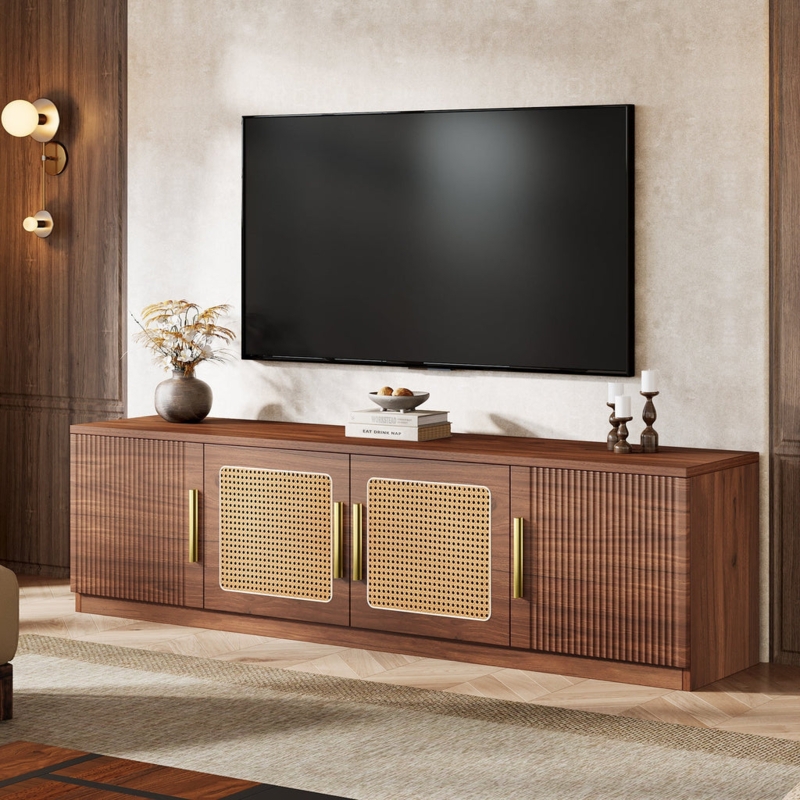Cane Door TV Stand, Fluted Wood, Gold Vertical Handles