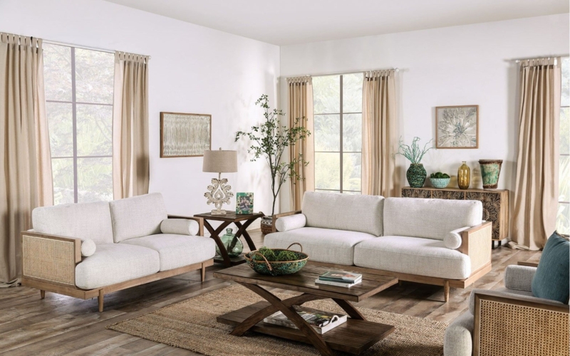 Cane Panel Sofa Set, Rattan Side Panels Wood Toned Frame