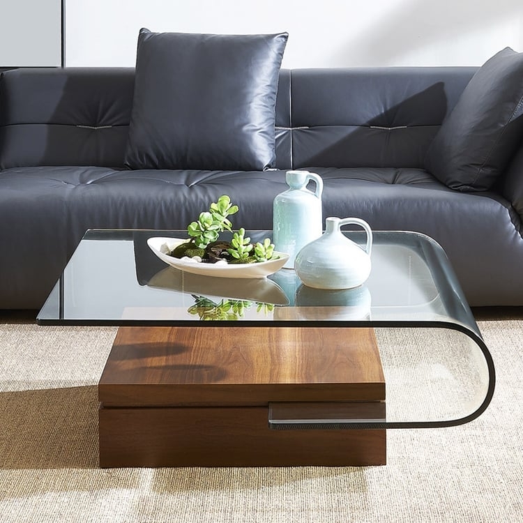 Cantilevered Bent Glass Coffee Table on Solid Wood Block Base