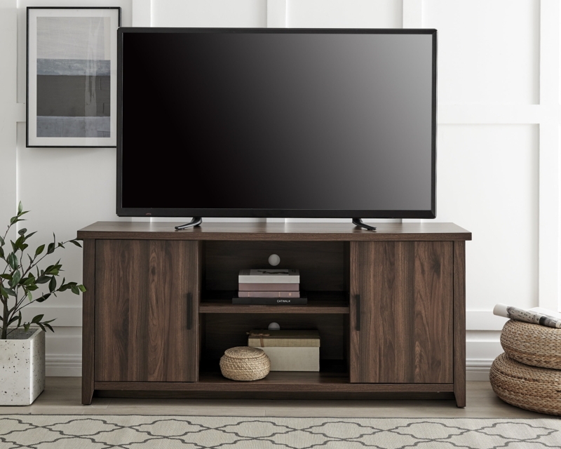 Canyon Walnut TV Stand with Side Cabinets and Open Shelving