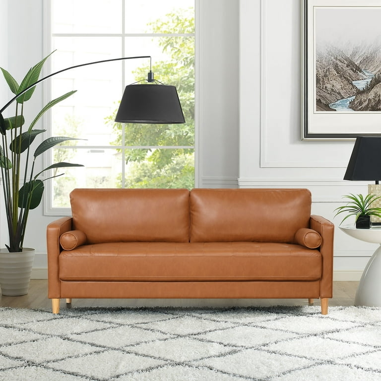 Caramel Brown Faux Leather Sofa Bolster Pillows Tapered Wood Legs