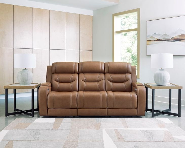 Caramel Power Reclining Sofa Integrated Audio Split Back Cushions