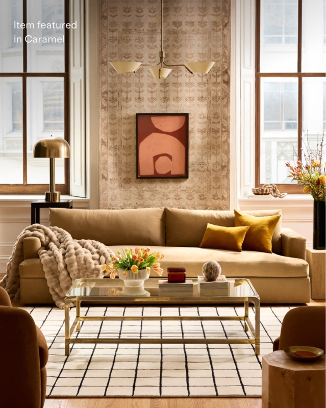 Caramel Velvet Taper Arm Sofa in Earthy Living Room