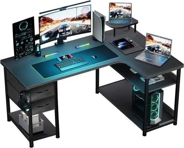 Carbon Fiber Look L-Shaped Gaming Desk with Integrated Drawers