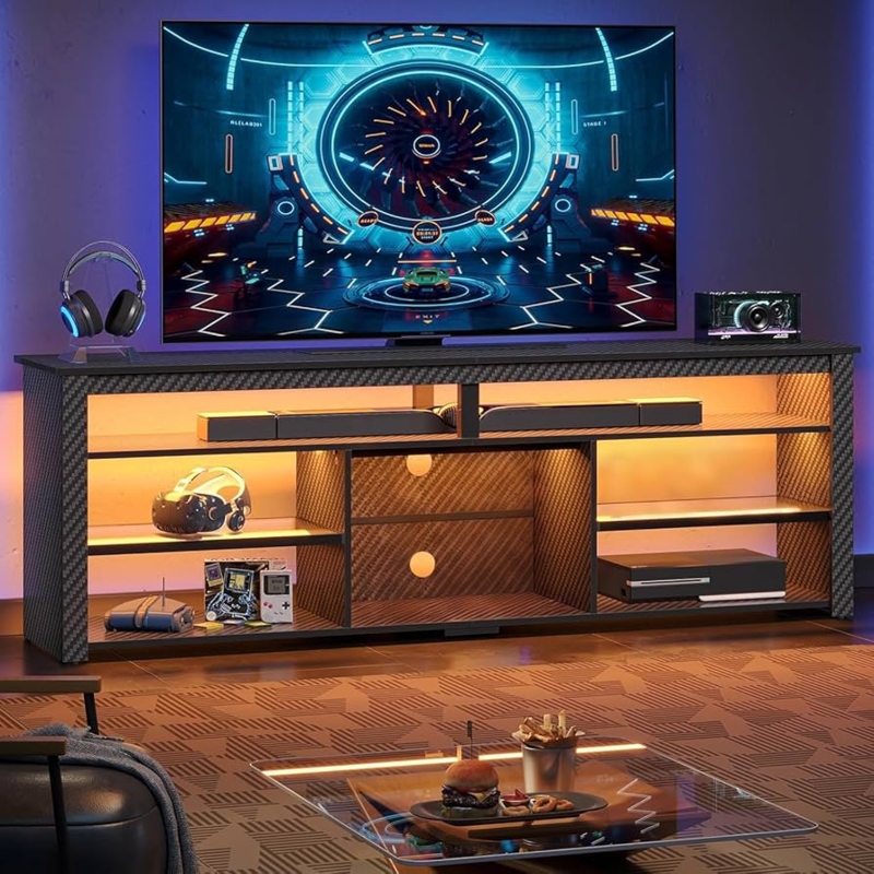 Carbon Fiber TV Stand with Amber LED Glow and Multi-Tier Storage