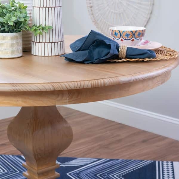Carved Pedestal Dining Table, Natural Wood Grain, Round Top