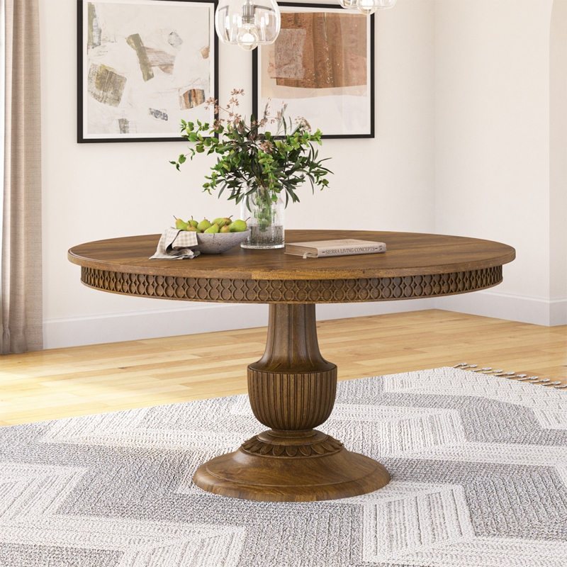 Carved Wood Round Dining Table, Medium Brown with Fluted Pedestal