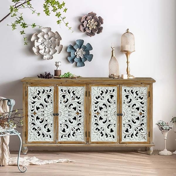 Carved Wood Sideboard with Whitewashed Floral Doors