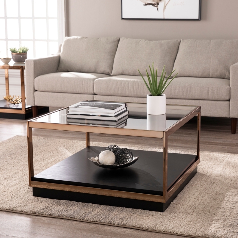 Champagne Metal Square Coffee Table with Glass Top and Black Wood Base