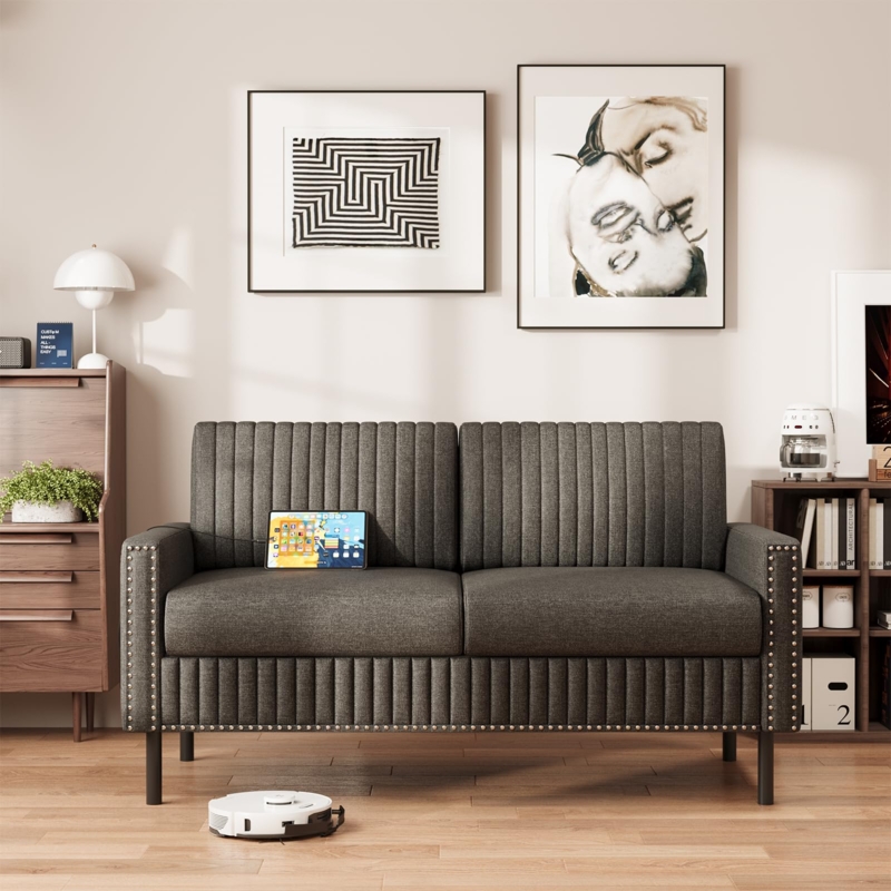 Channel Tufted Couch, Dark Grey Fabric Nailhead Trim Detail