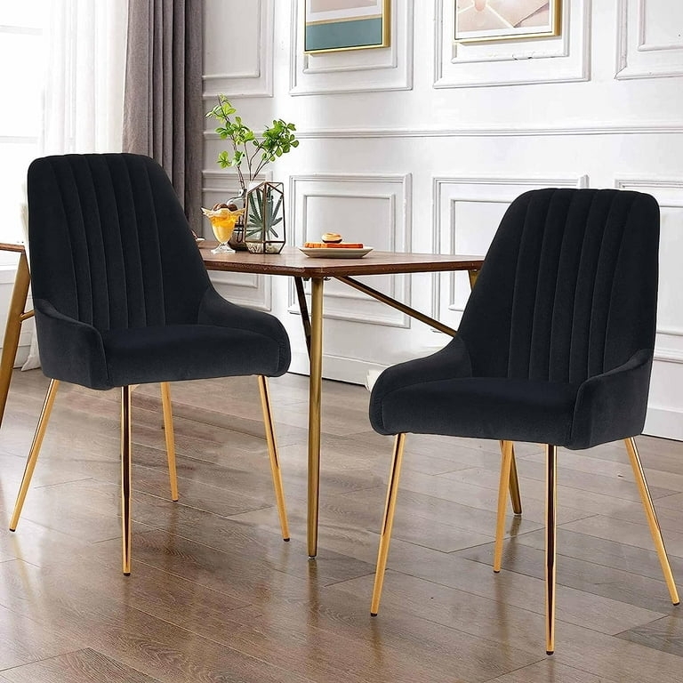 Channel Tufted Dining Chair with Gold Metal Legs in Black Velvet