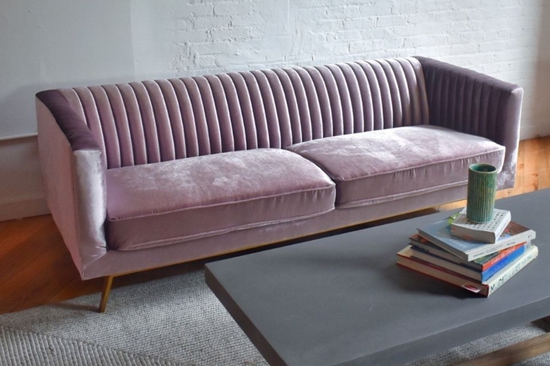 Channel Tufted Sofa Lavender Velvet Tapered Gold Legs