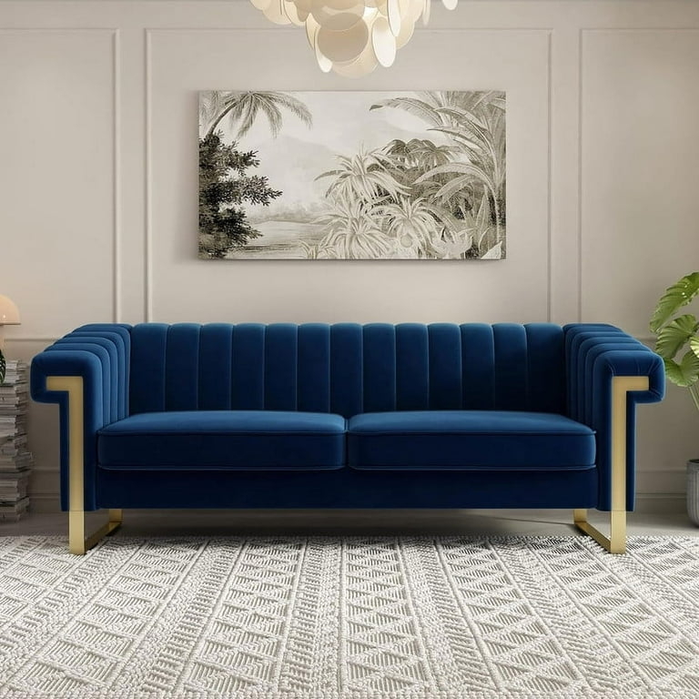 Channel Tufted Sofa Navy Velvet with Gold Sled Legs